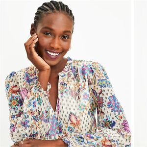 LOFT shimmer Vine smocked ruffle tie neck blouse size LP